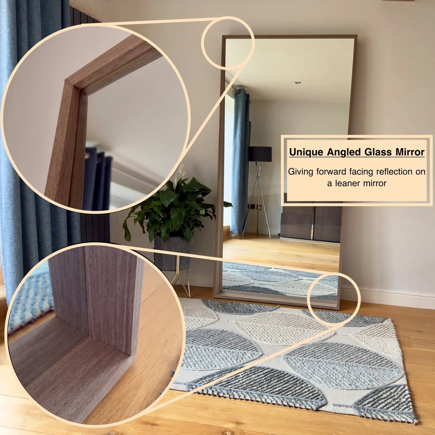 Angled glass mirror with wooden frame.