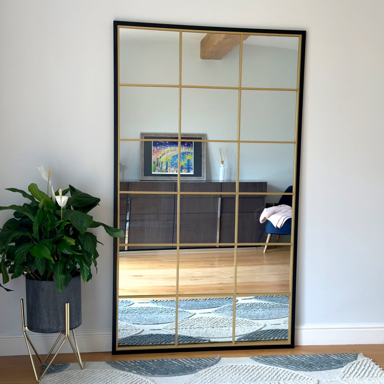 Rectangular grid-pane mirror.