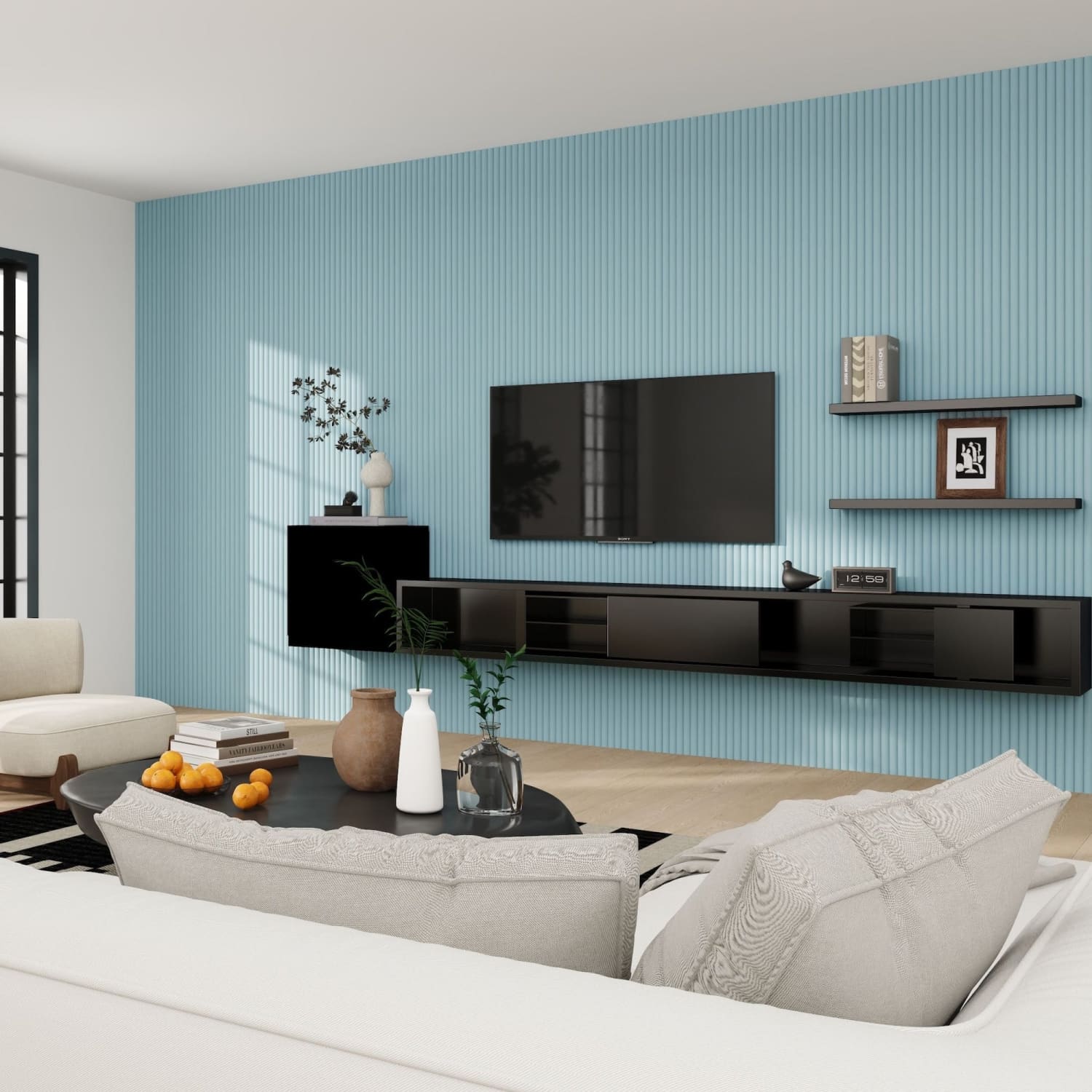 Large Fluted Wall Panels in Baby Blue with Black Backing