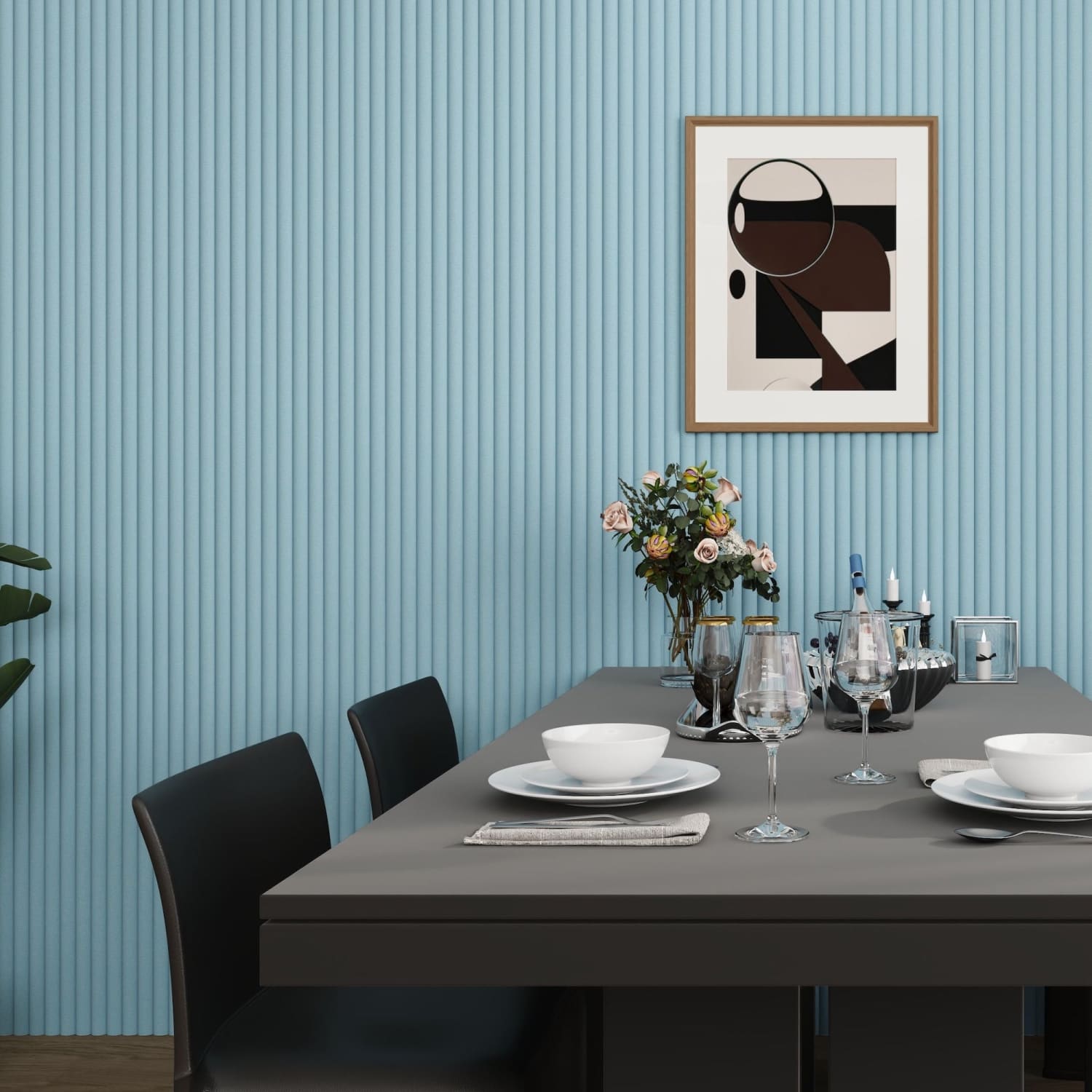 Large Fluted Wall Panels in Baby Blue with Black Backing