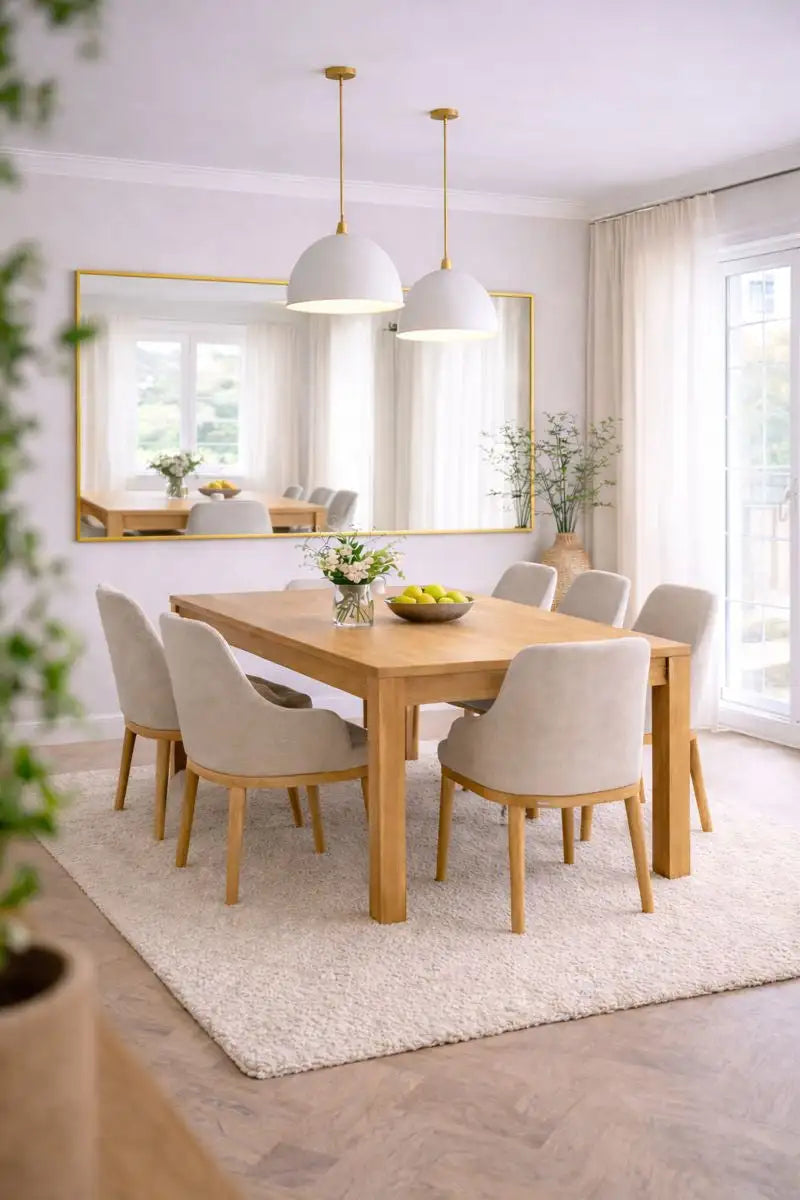 Light wood dining table with six matching beige upholstered chairs