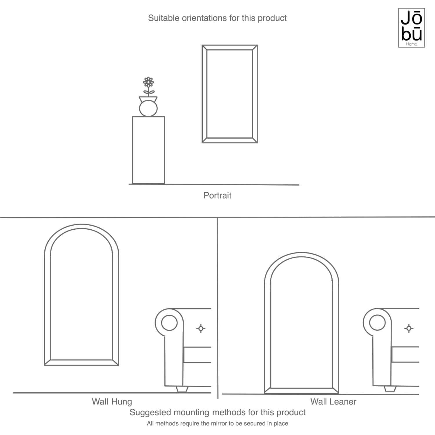 Arched mirror with a sleek black frame and silver hardware, designed for wall mounting.