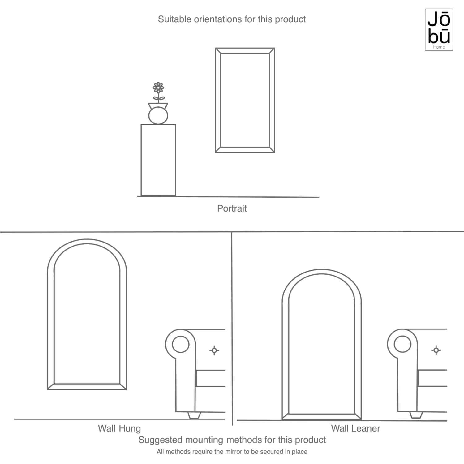 Simple line drawing diagram showing different mounting orientations and methods for a decorative mirror.