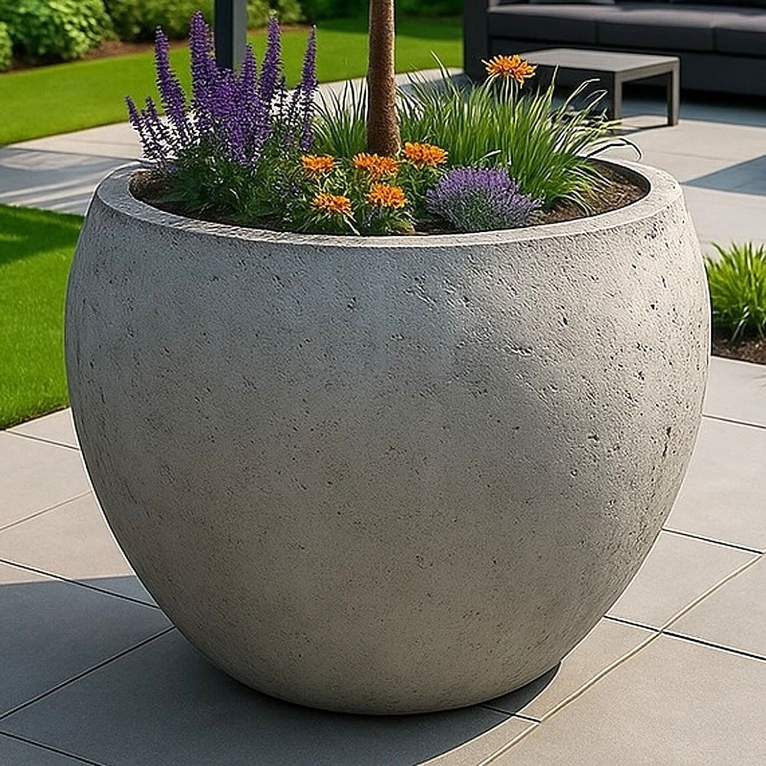 Round concrete planter with flowers.
