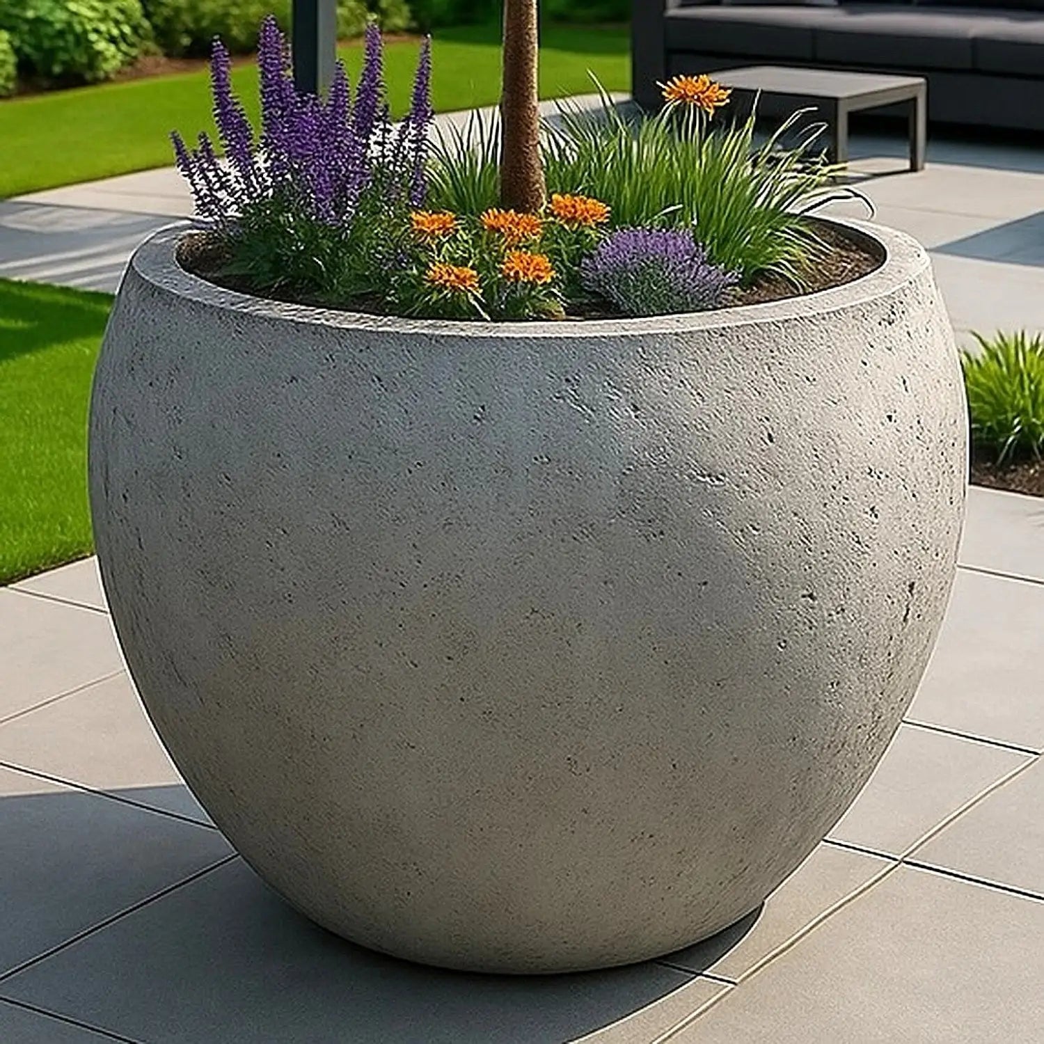 Round concrete planter with flowers.