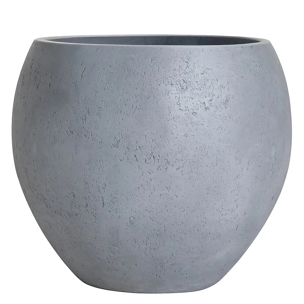 Gray, round, textured planter.