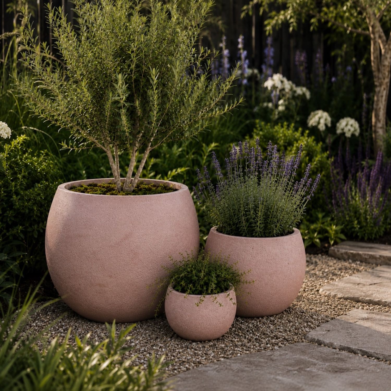 Orbello | Set Of 3 - Blushstone – Concrete Sphere Planter Set – Round Orbs Plant Pot Nest
