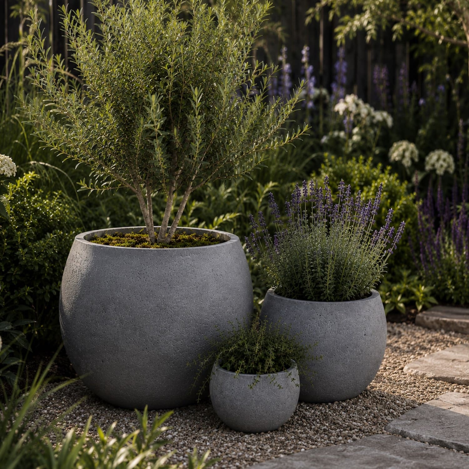 Orbello | Set Of 3 - Onyx Dusk – Concrete Sphere Planter Set – Round Orbs Plant Pot Nest