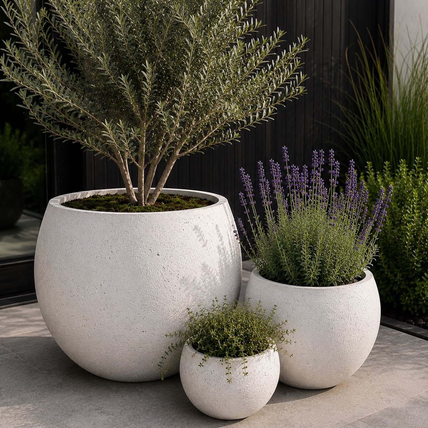 White Round Garden Planters - Set of 3 Concrete Pots