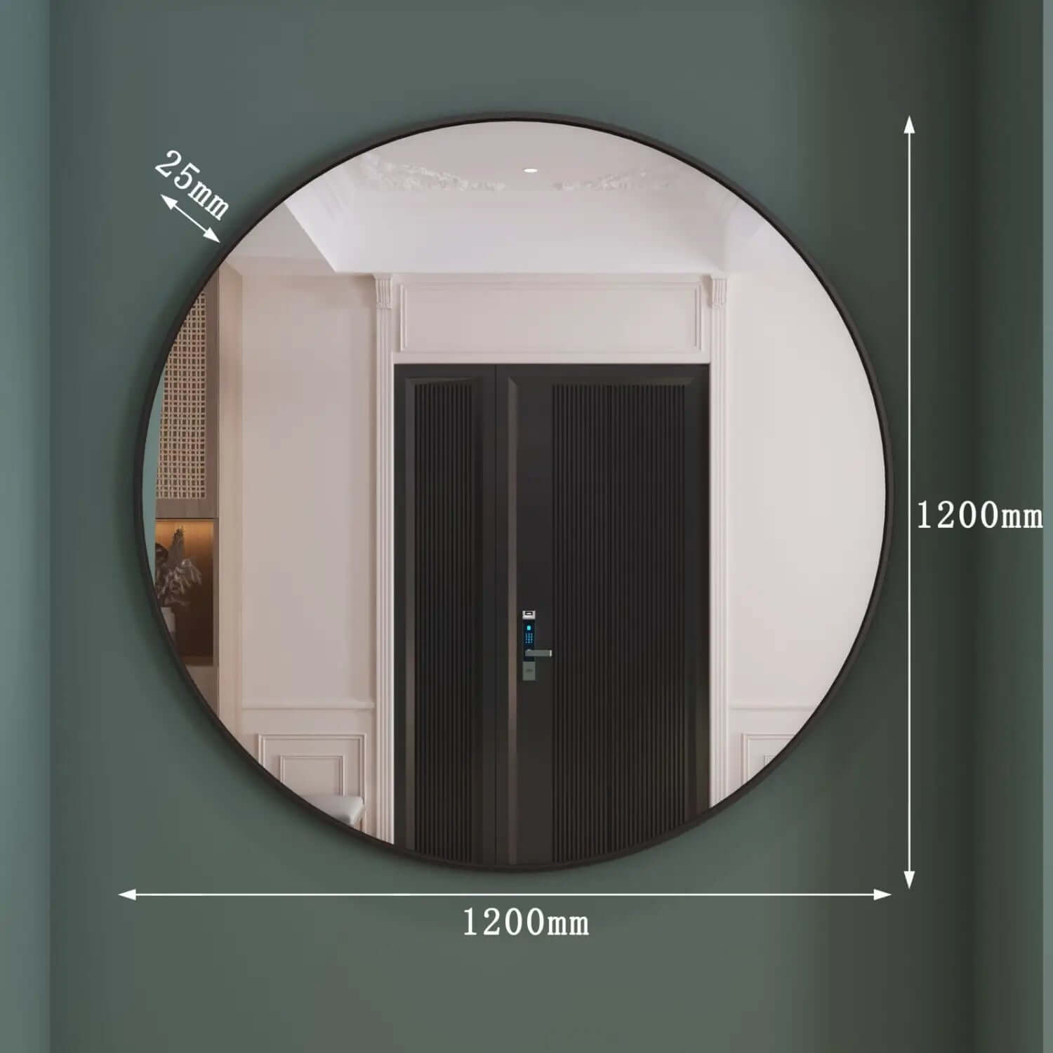 Circular frameless wall mirror with measurement annotations.