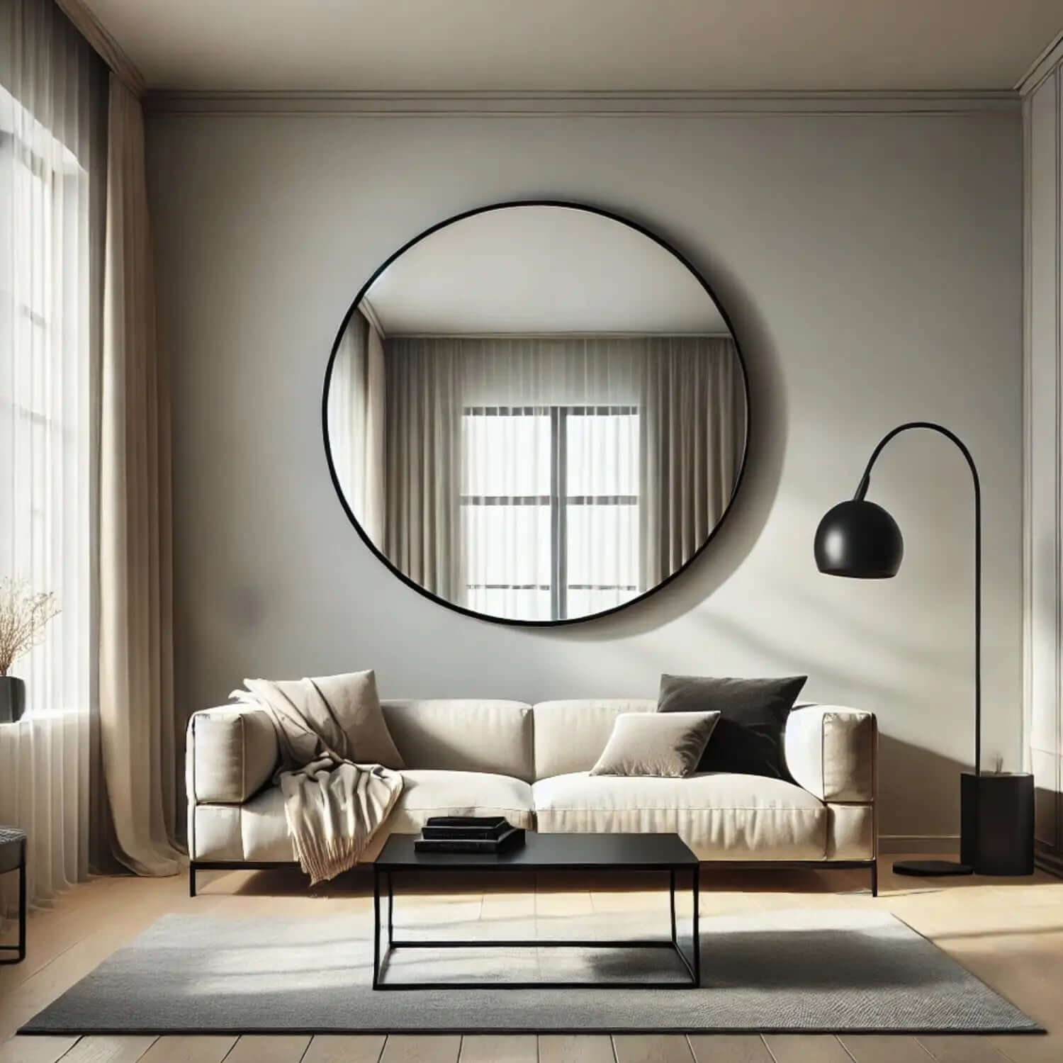 Circular black-framed mirror mounted on a light gray wall.