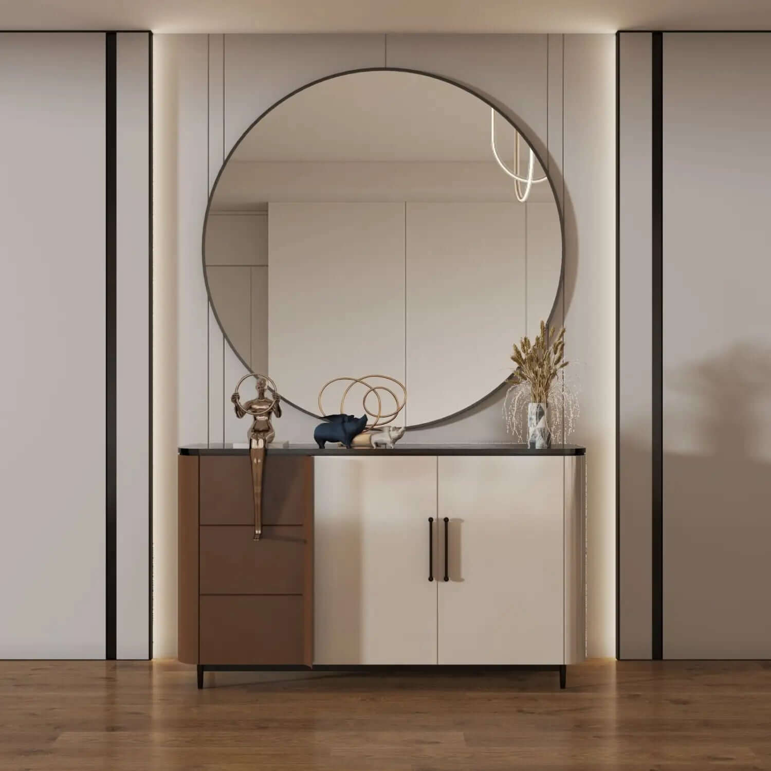 Modern two-tone cabinet with a round mirror mounted above it.