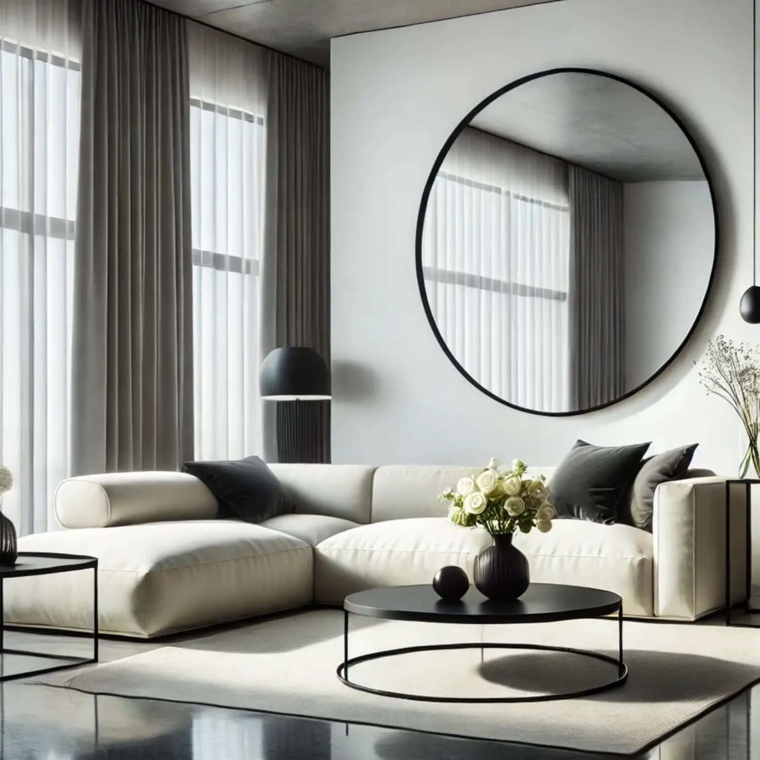 Modern cream-colored sectional sofa with black accent pillows.