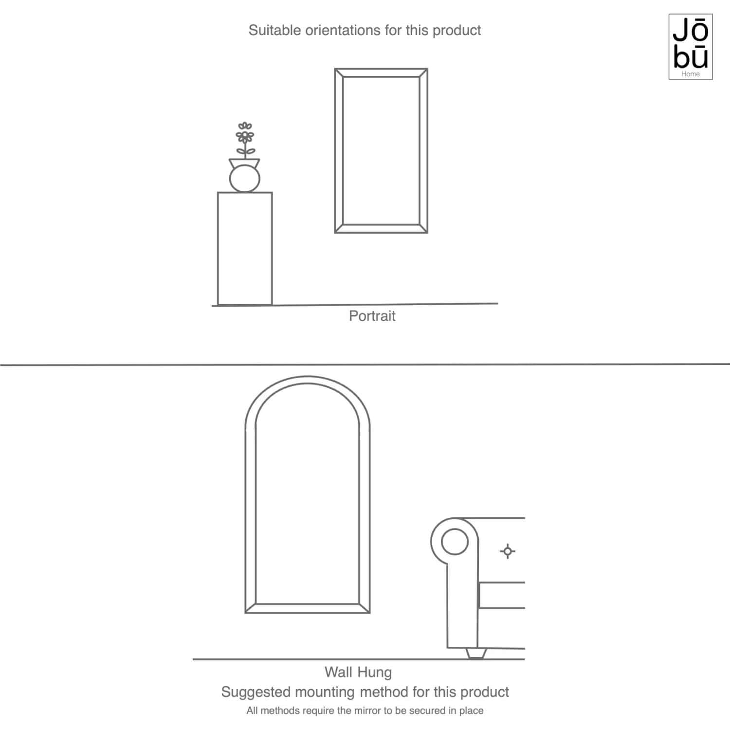 Simple line drawing showing portrait and wall hanging orientation options for framed artwork.