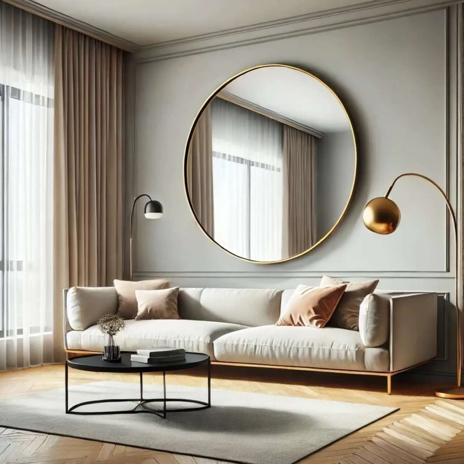 Circular gold-framed mirror mounted on a gray wall.