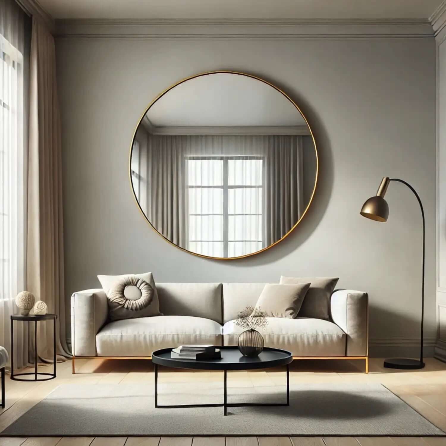 Round gold-framed mirror with a thin metallic rim.