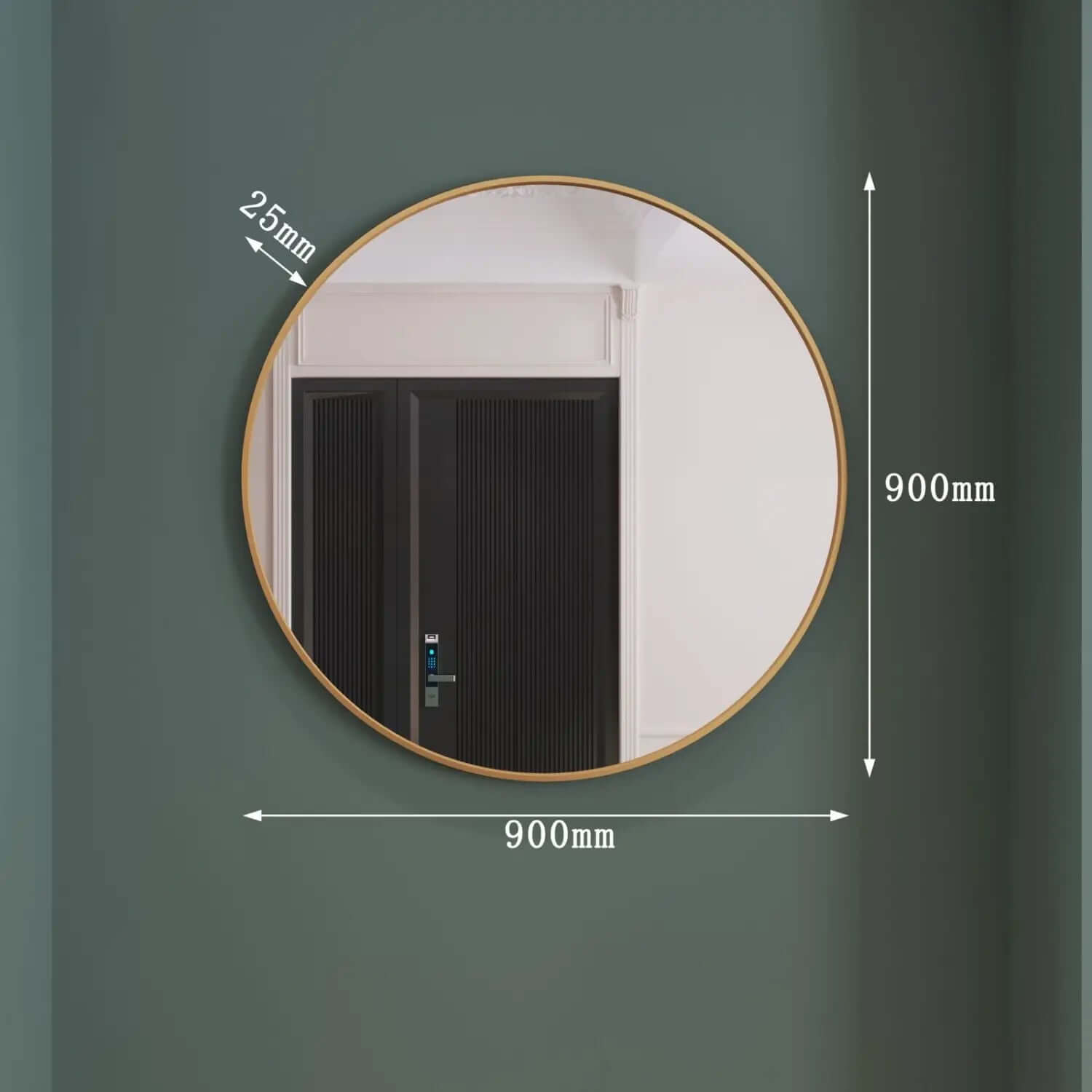 Circular wall mirror with a thin gold frame and measurements labeled.