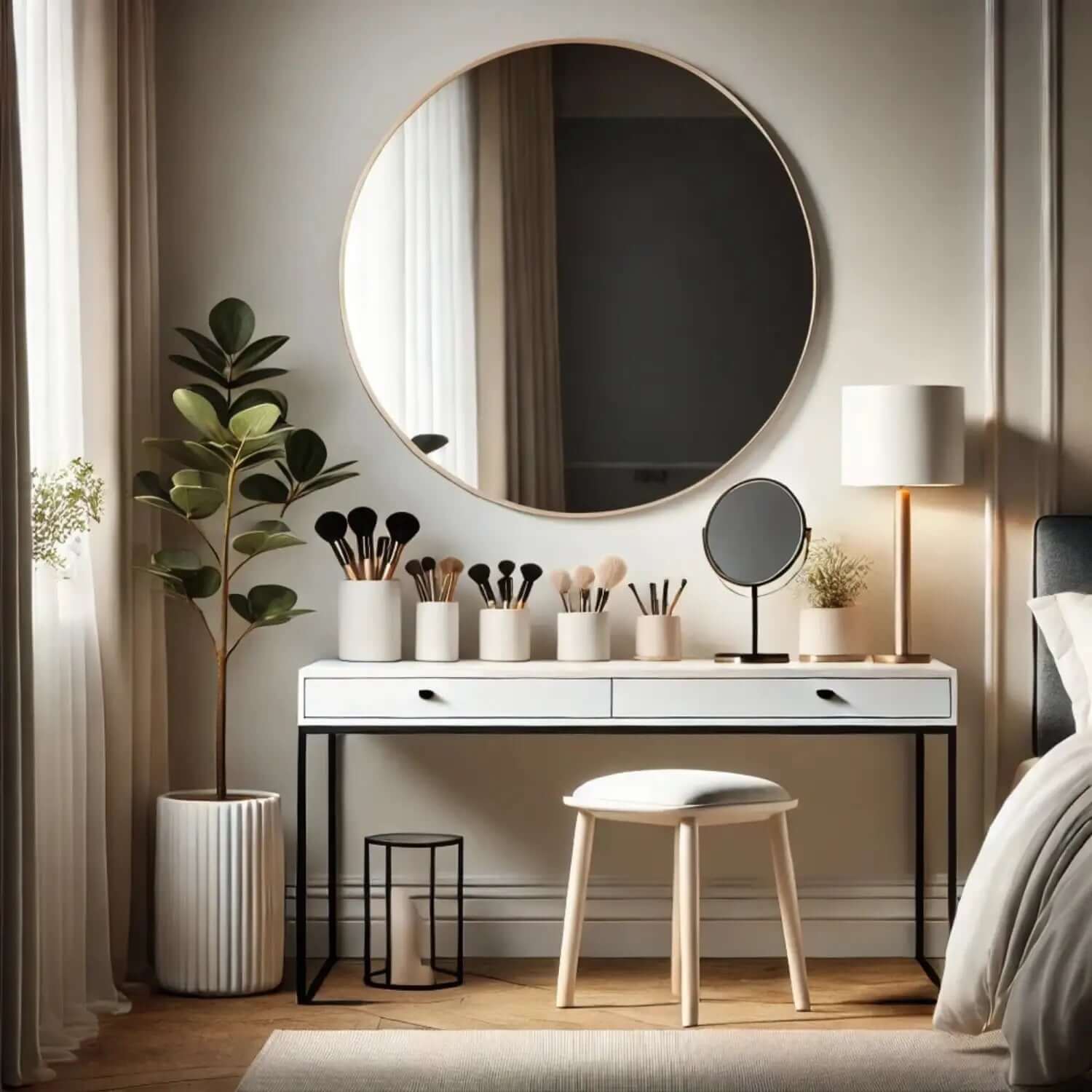 Modern white vanity table with a round mirror above it.