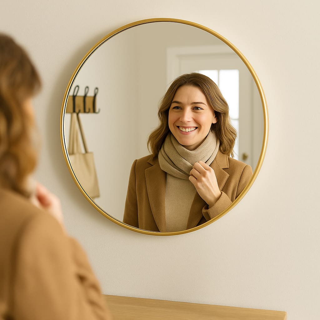 A woman smiling while looking at her reflection in a round mirror, adjusting her scarf.