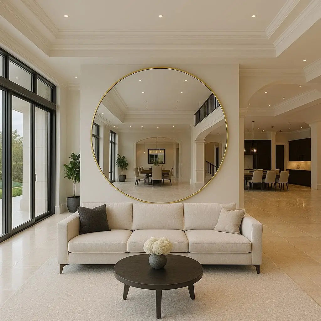 Rei 180cm gold round mirror styled in an open plan living space