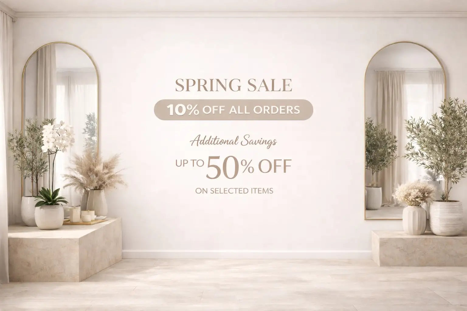 Spring sale promotional banner with beige and taupe text on a white background.