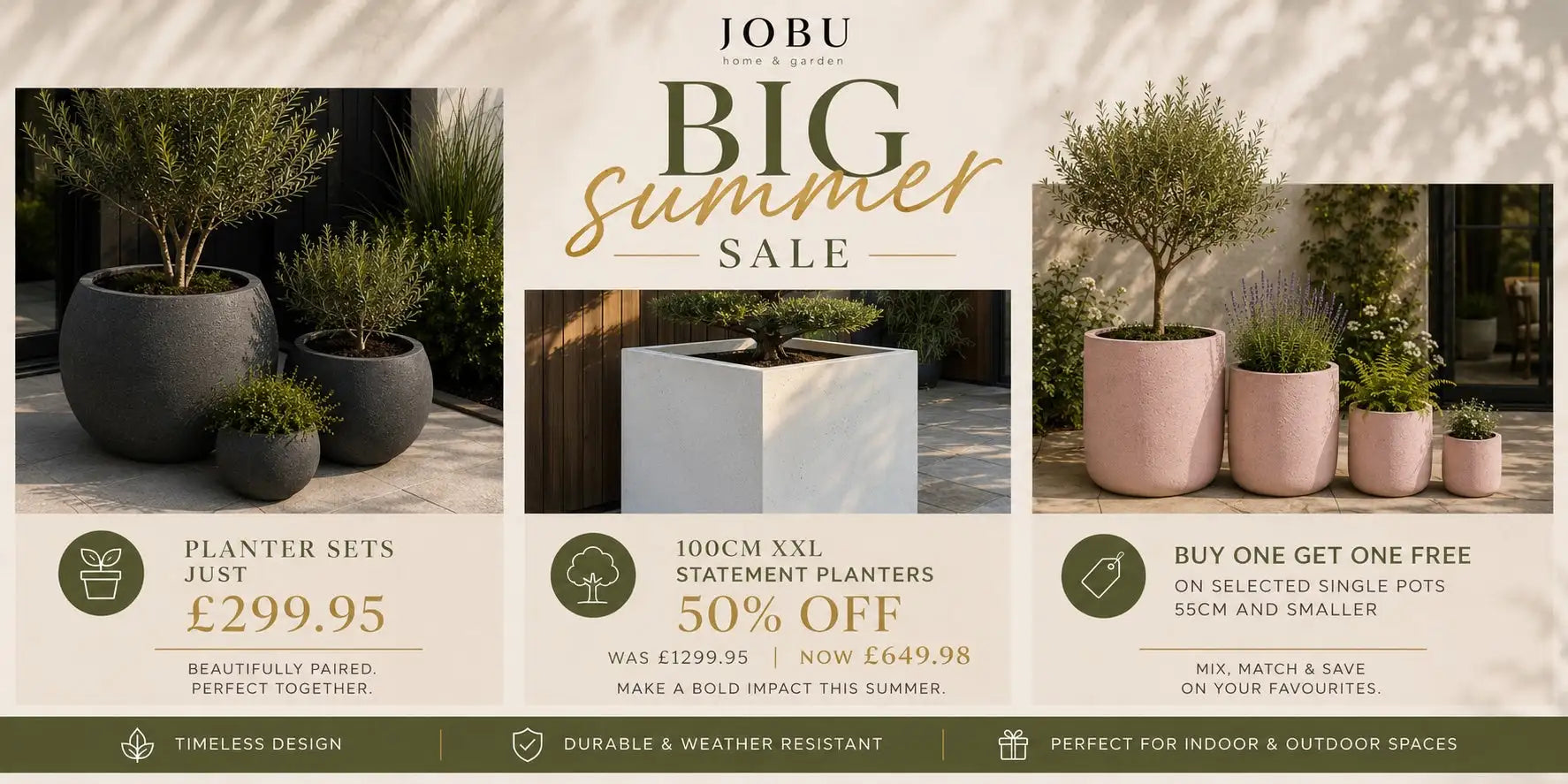 Set of three dark grey, matte-finished ceramic planters with a modern, minimalist design.