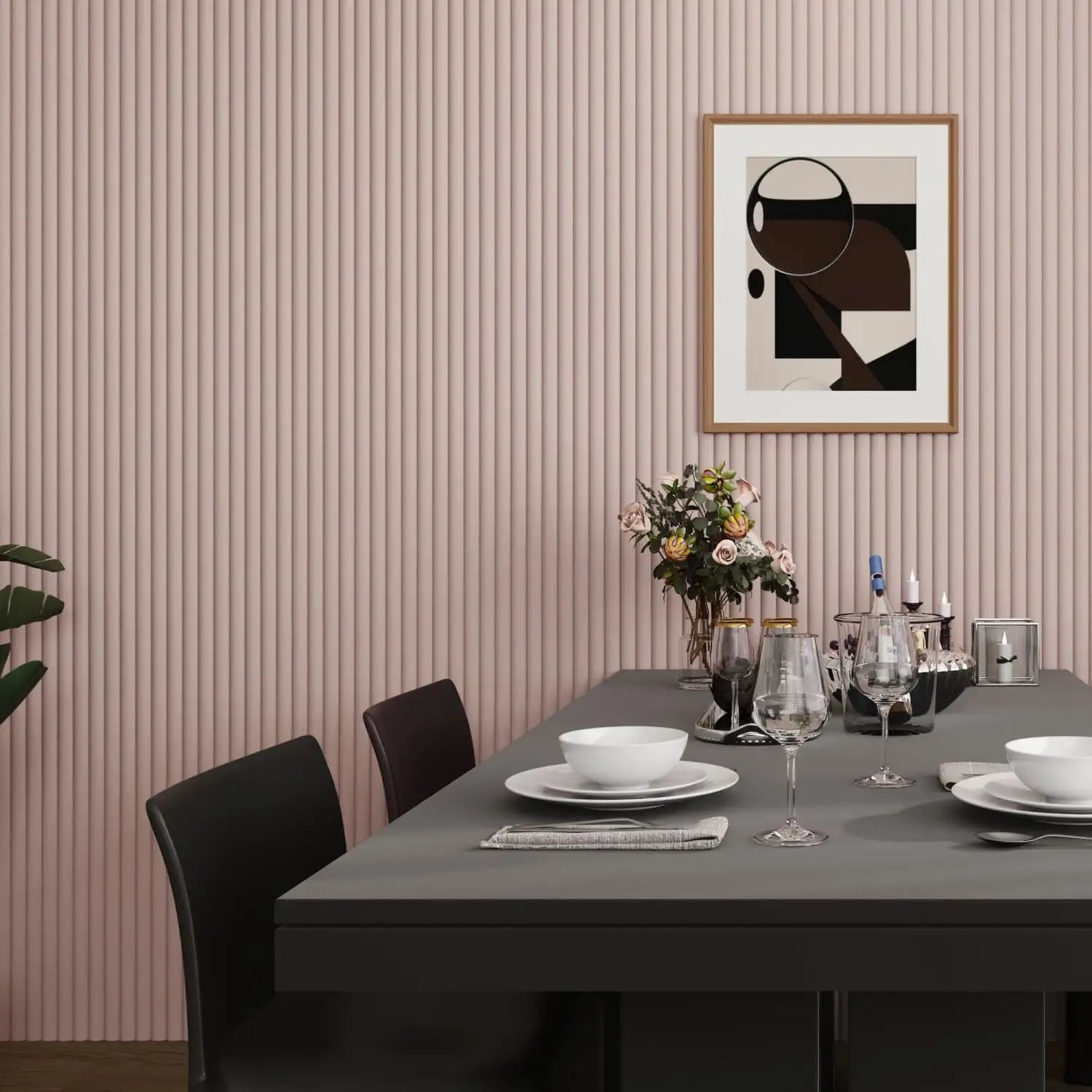 A sleek, dark gray dining table with a minimalist design and smooth surface.