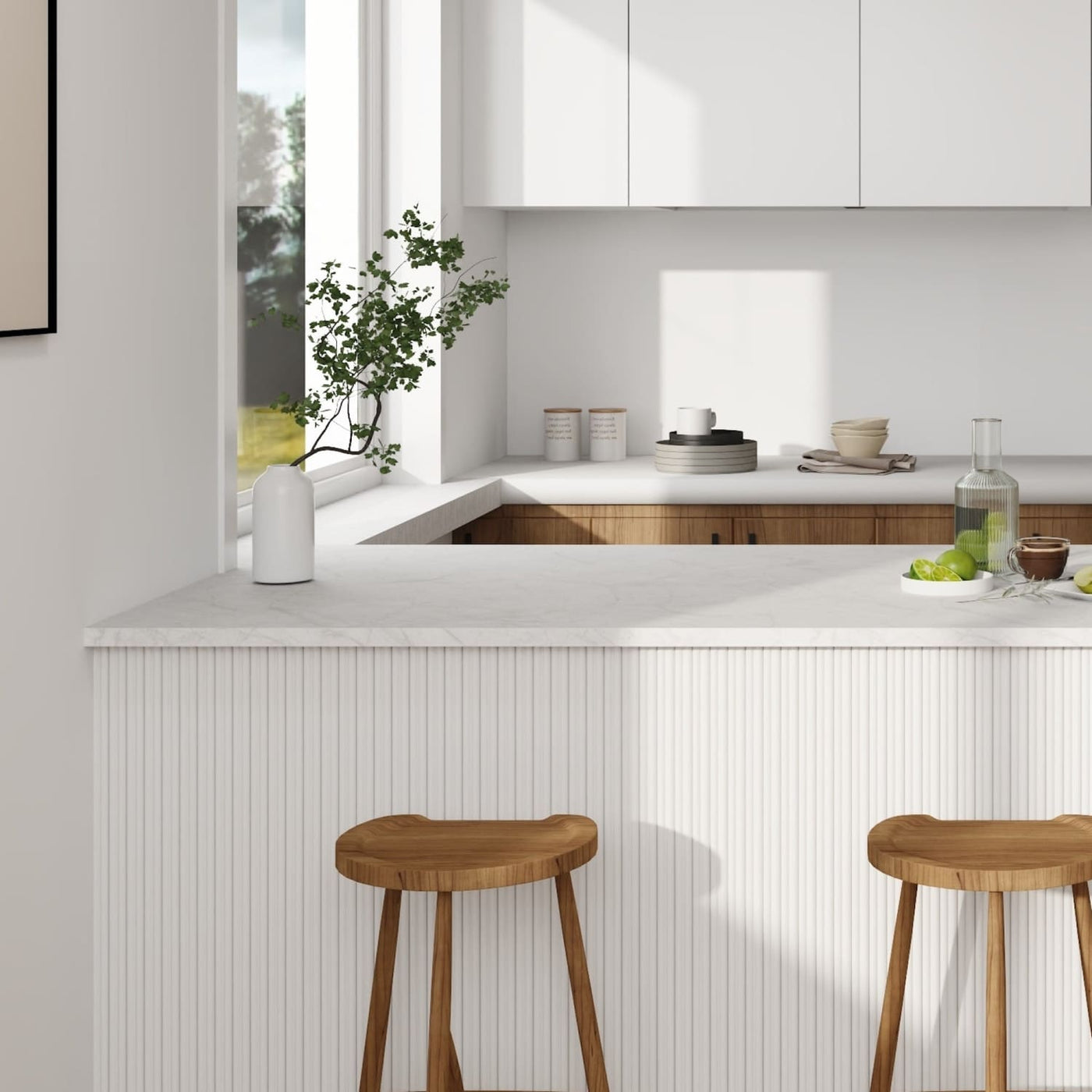 Kitchen island with fluted wall panels