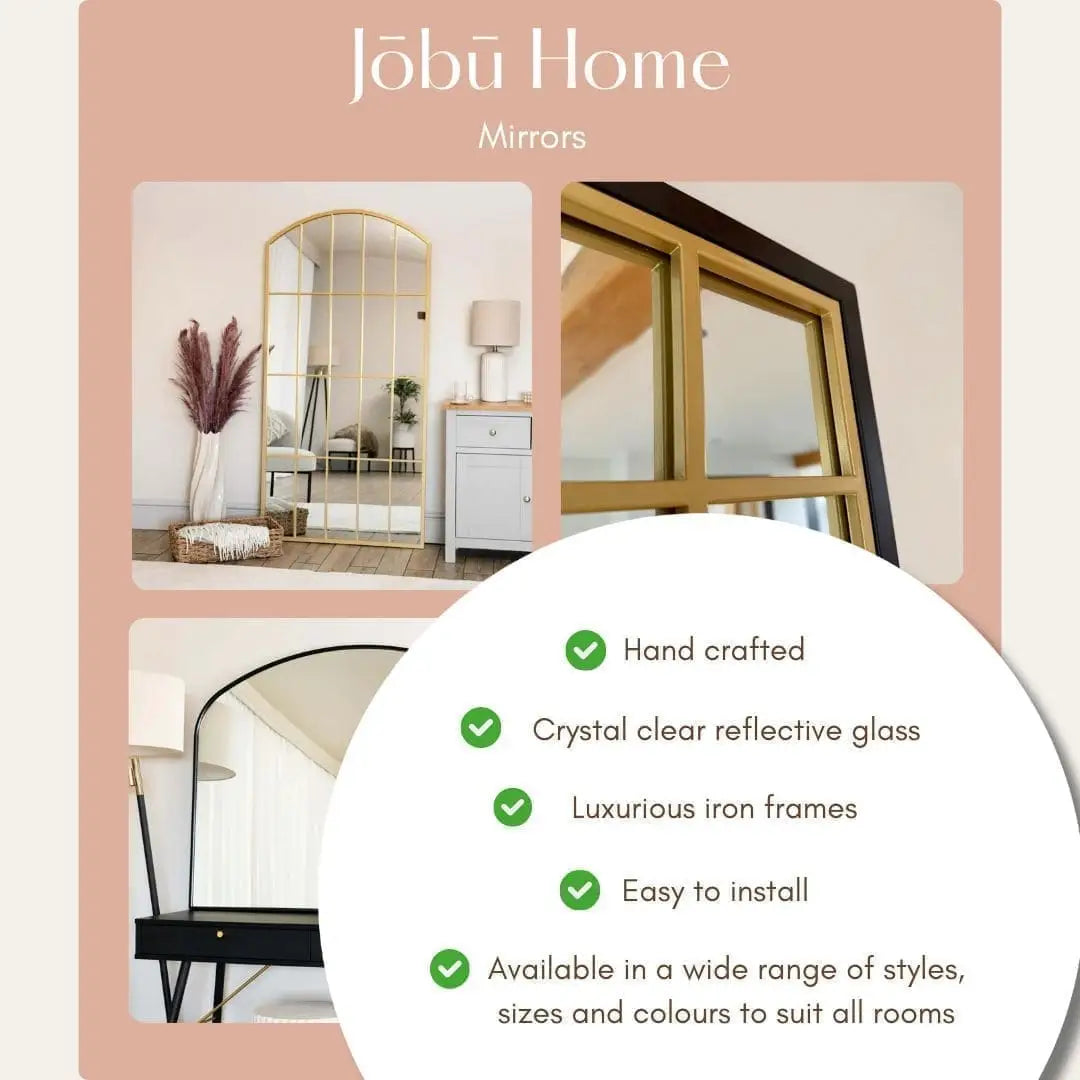 An advertisement for mirrors of various styles, featuring gold and black frames.