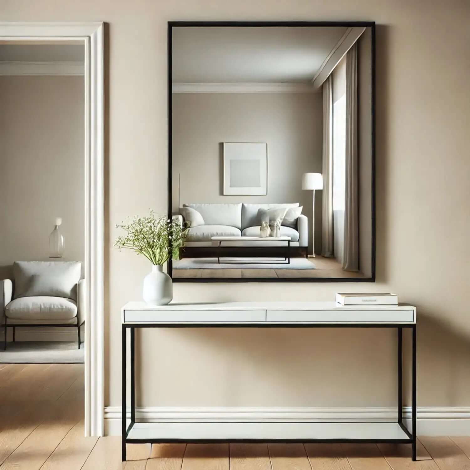 A black-framed rectangular mirror mounted above a white console table.