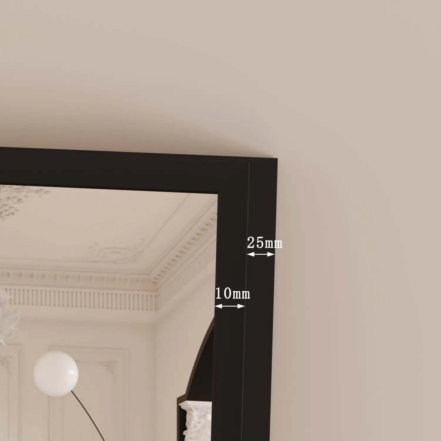 Black-framed mirror with measurement markings.