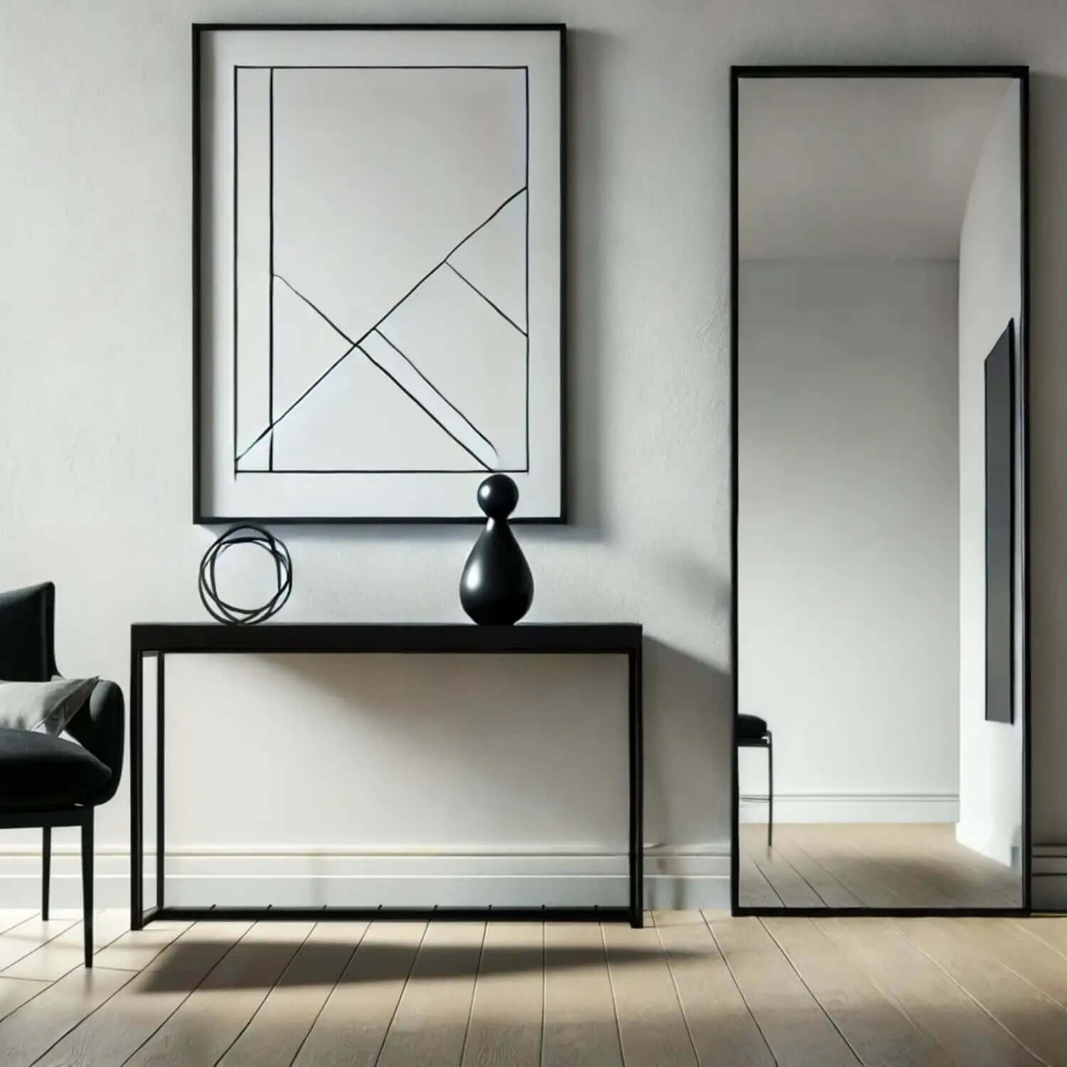 Minimalist black console table with a slim metal frame.