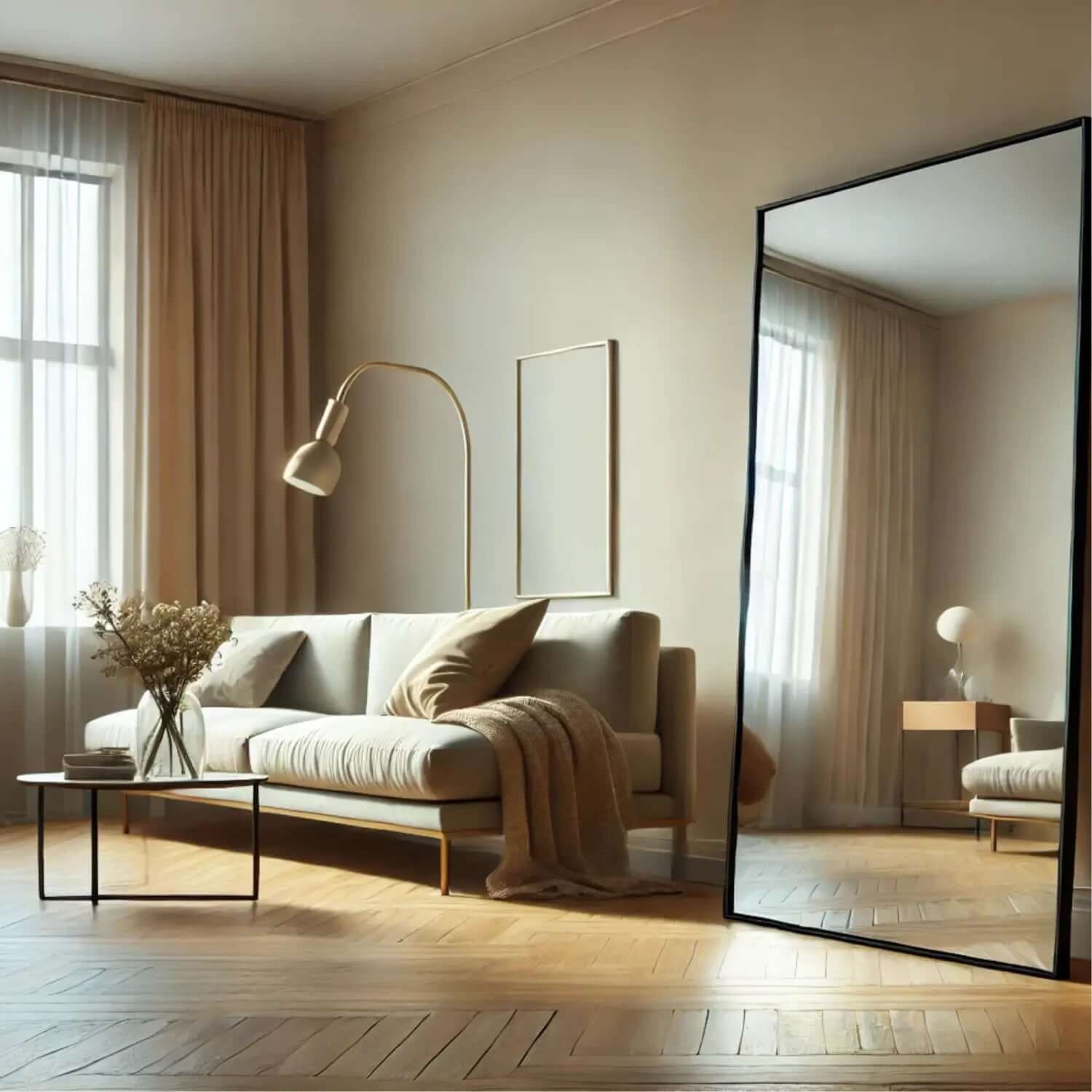 Floor-length leaning mirror with a black frame.