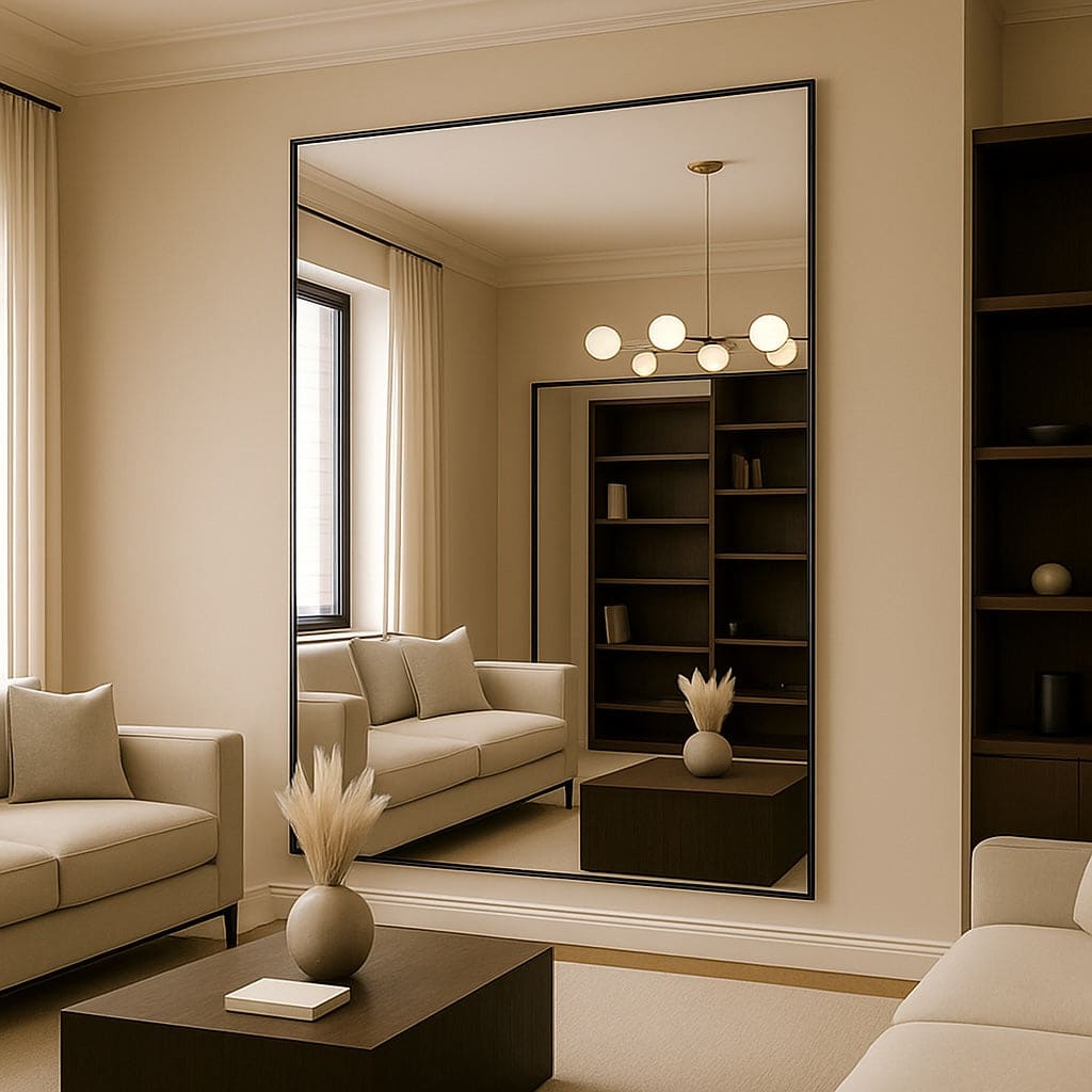 A full-length, rectangular mirror with a thin black frame.