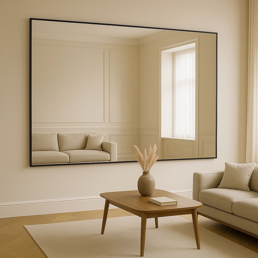 Large rectangular mirror with a thin black frame.