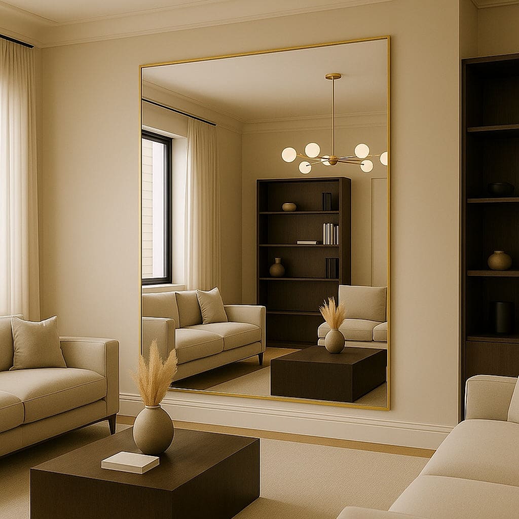 A full-length mirror with a thin gold frame.