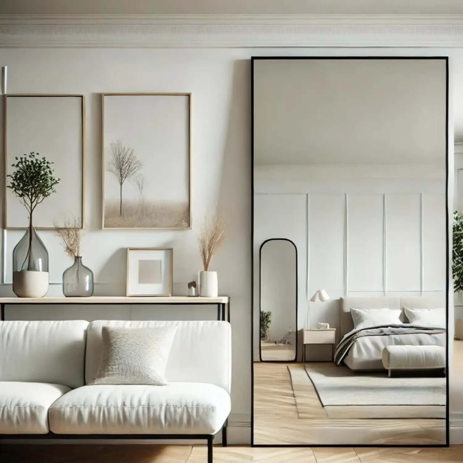 Floor-length black-framed mirror leaning against a wall.