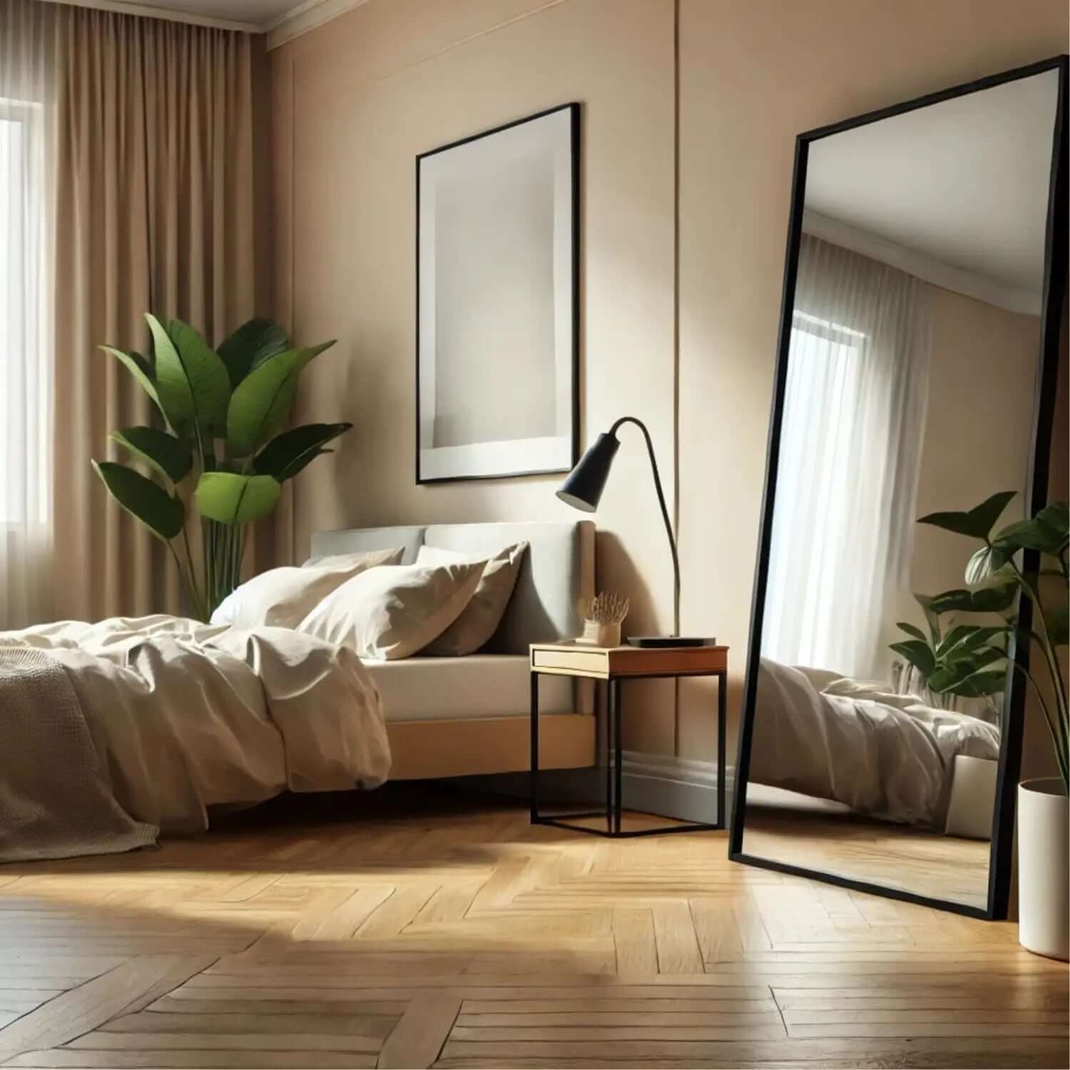 A modern bedroom with a minimalist design scheme.