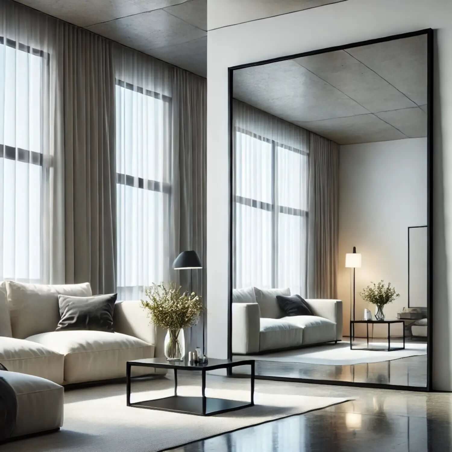 Floor-to-ceiling framed mirror reflecting a modern living room.