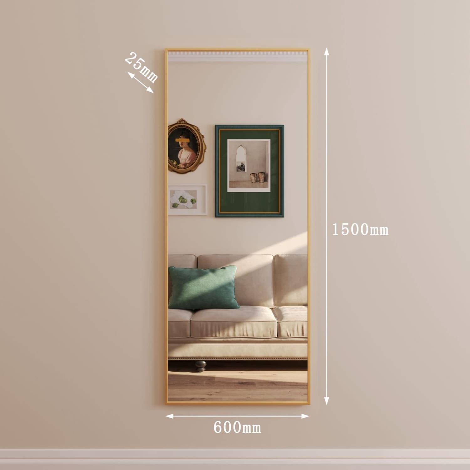 Full-length rectangular mirror with a slim gold frame.