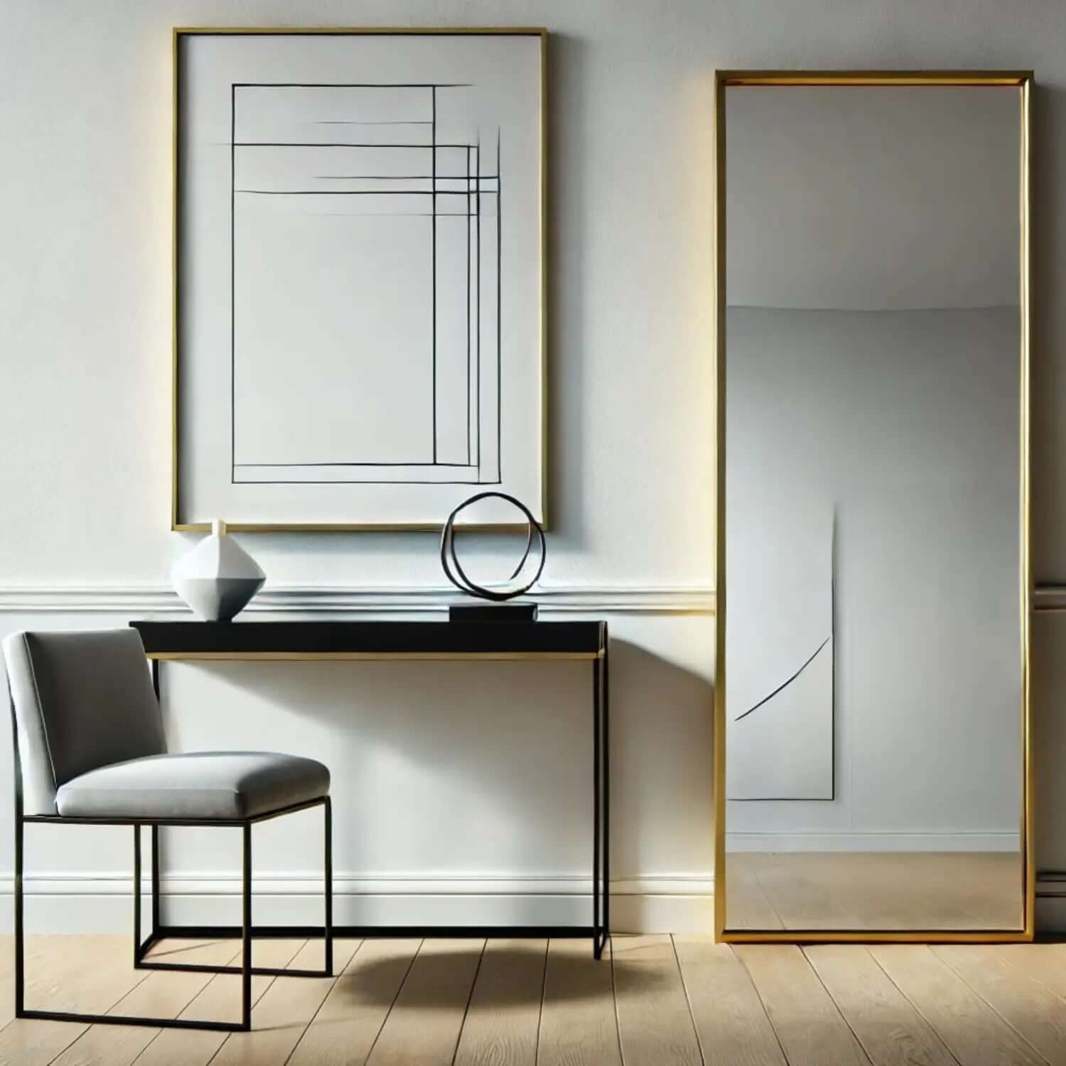 Full-length mirror with a slim gold frame.