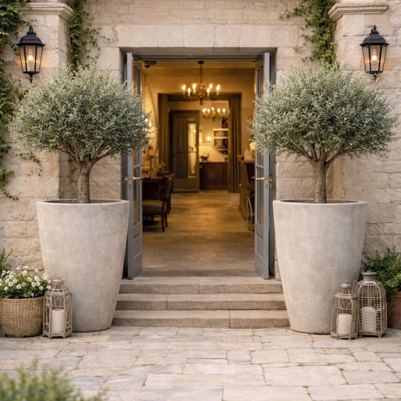 Tall XXL planters framing doorway