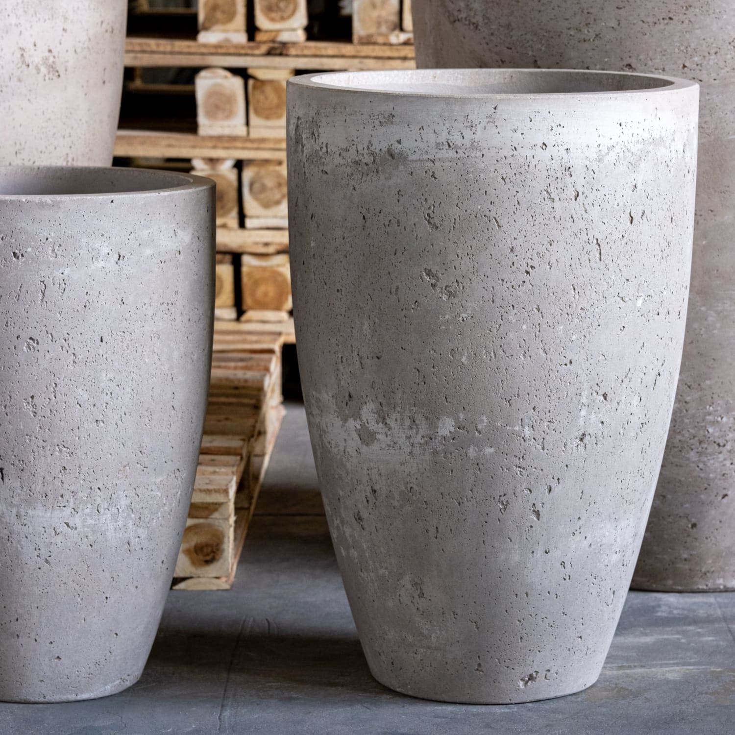 Textured gray concrete planter.