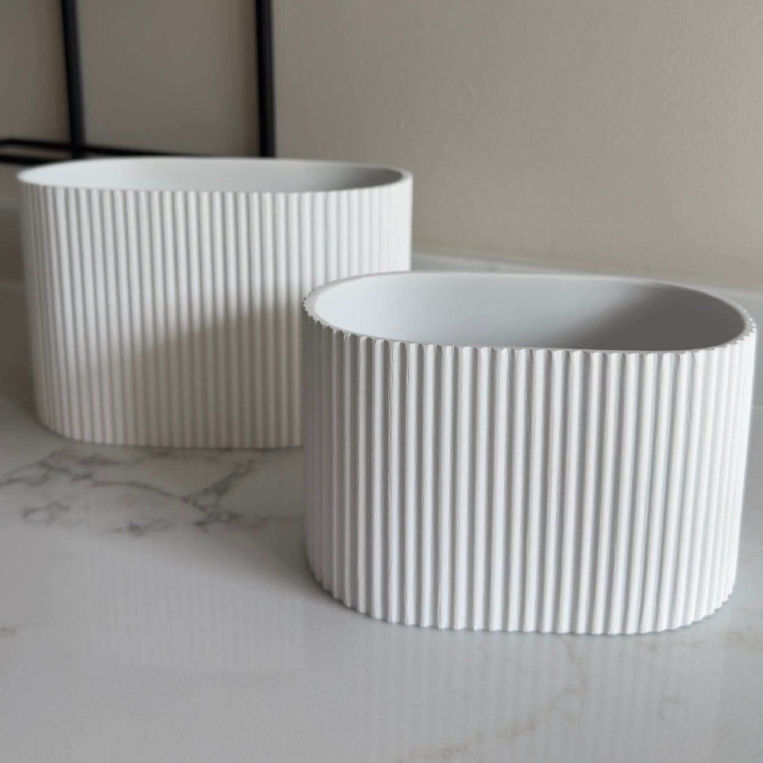 Flutini | White Fluted Oval Stone Resin Indoor Plant Pots (2 Pot Set)