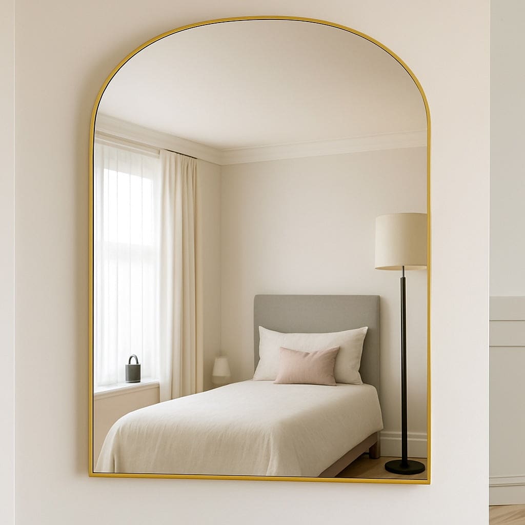 Gold-framed arched mirror reflecting a bedroom.
