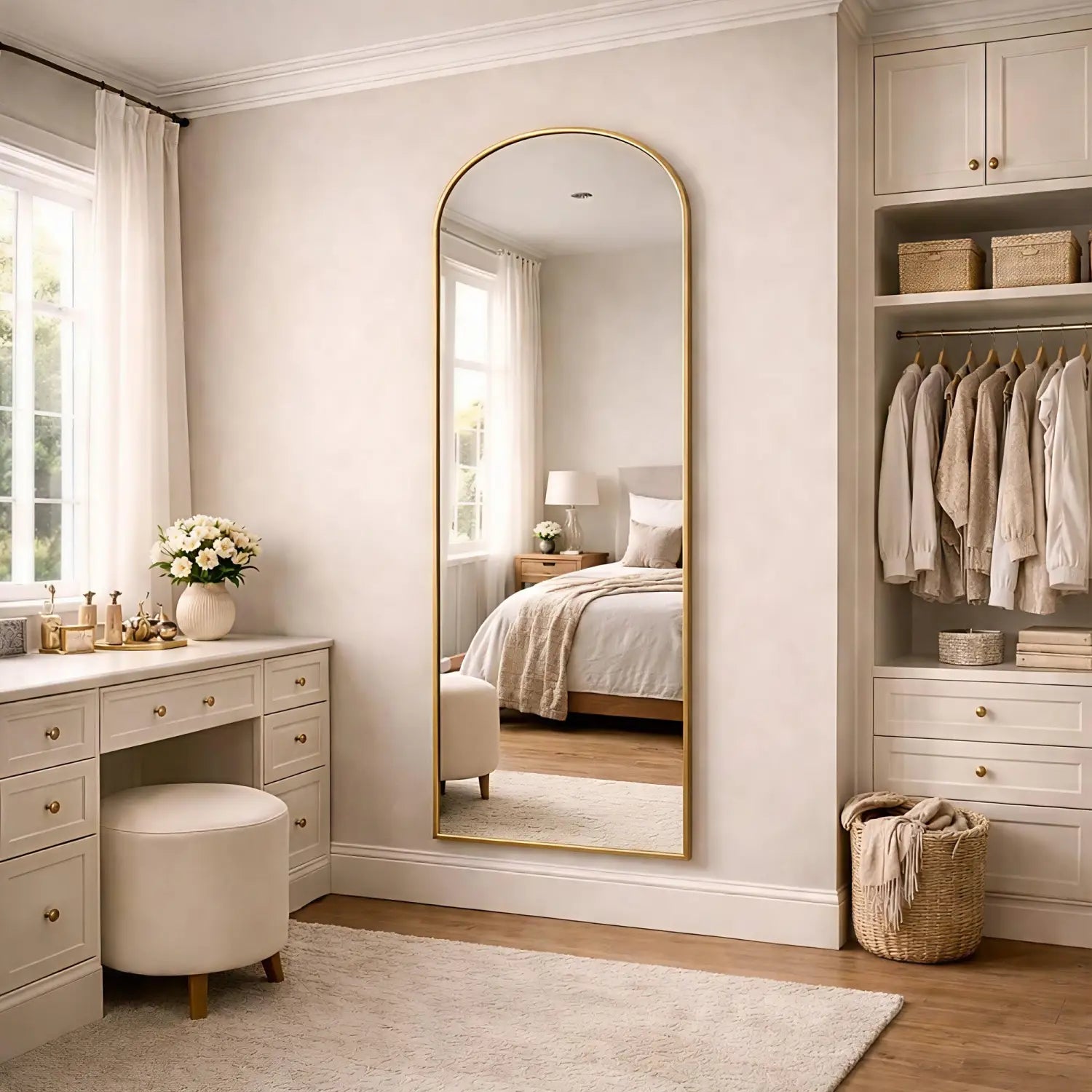 Yoko 160x60cm gold gentle arch mirror styled in a modern interior